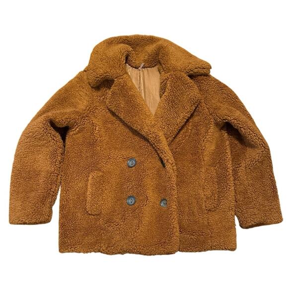 Free People Teddy Fleece Oversized Double Breasted Sherpa Jacket Tan Brown - Picture 1 of 13